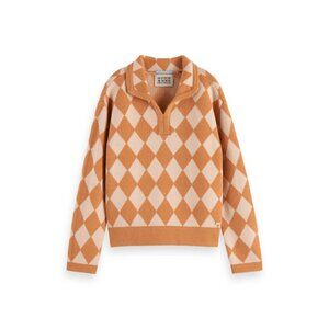 Scotch & Soda Kids Argyle Checkerboard Knit Sweater – Size 10/140 – Tan & Cream